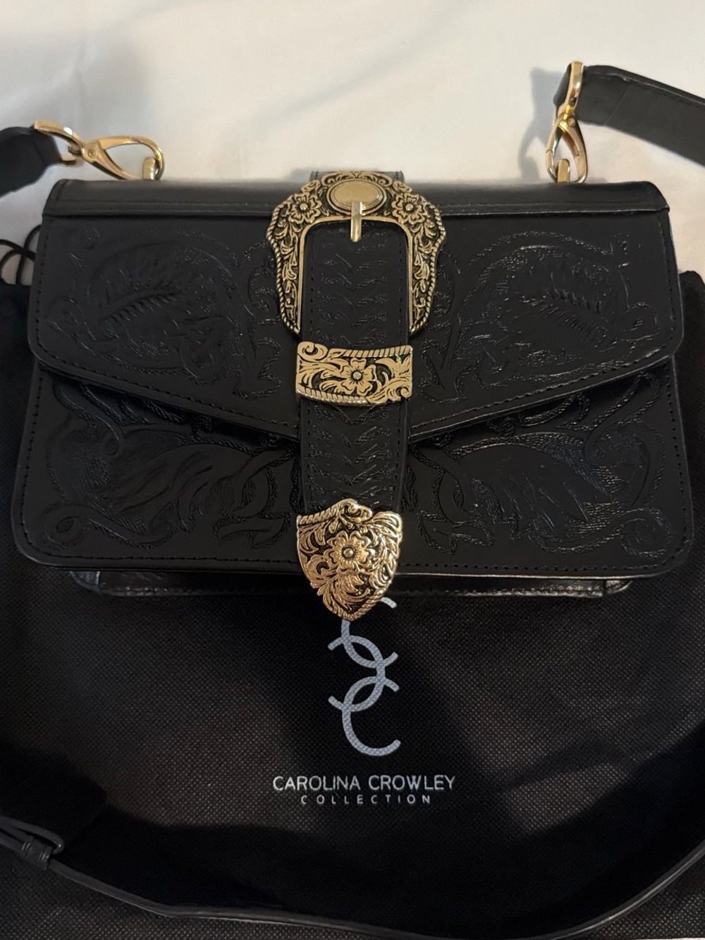 Carolina Crowley Black Leather Crossbody Bag with Gold Buckle